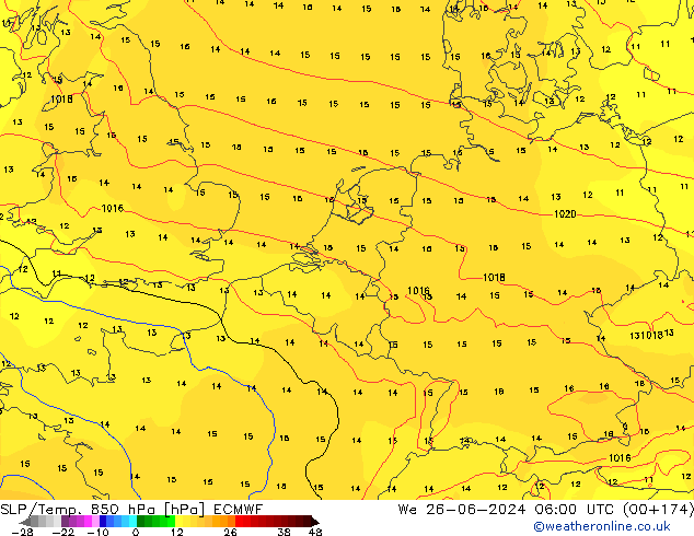 SLP/Temp. 850 hPa ECMWF wo 26.06.2024 06 UTC