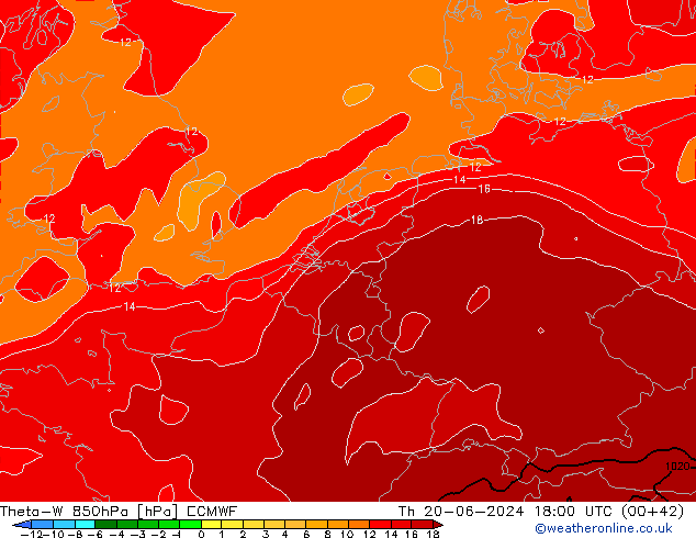 Theta-W 850гПа ECMWF чт 20.06.2024 18 UTC