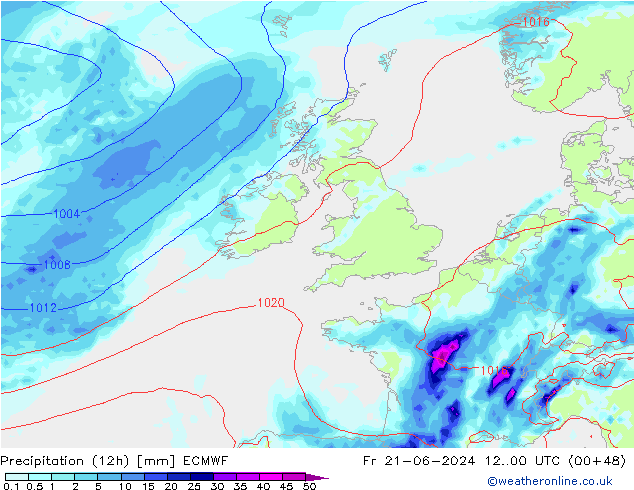 осадки (12h) ECMWF пт 21.06.2024 00 UTC