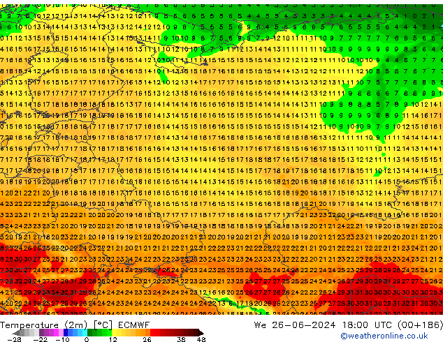 Sıcaklık Haritası (2m) ECMWF Çar 26.06.2024 18 UTC