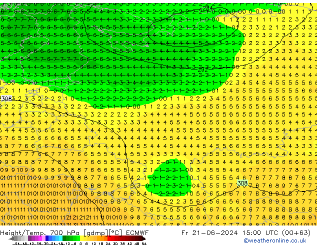 Height/Temp. 700 hPa ECMWF Fr 21.06.2024 15 UTC