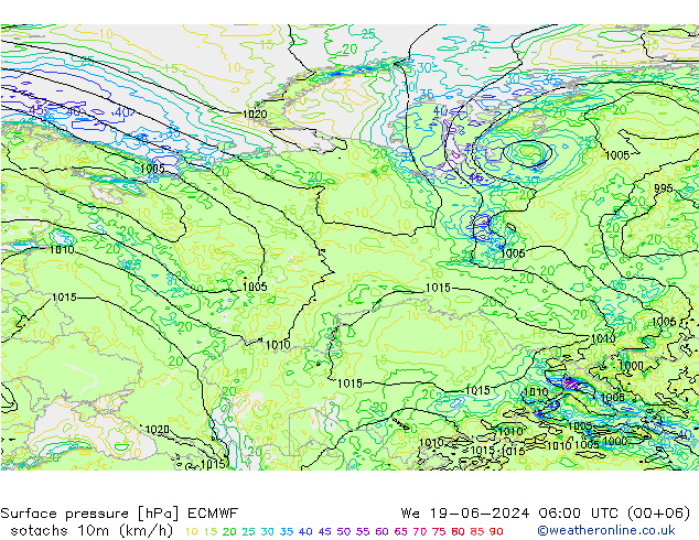 Isotachs (kph) ECMWF We 19.06.2024 06 UTC