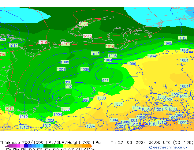 Dikte700-1000 hPa ECMWF do 27.06.2024 06 UTC