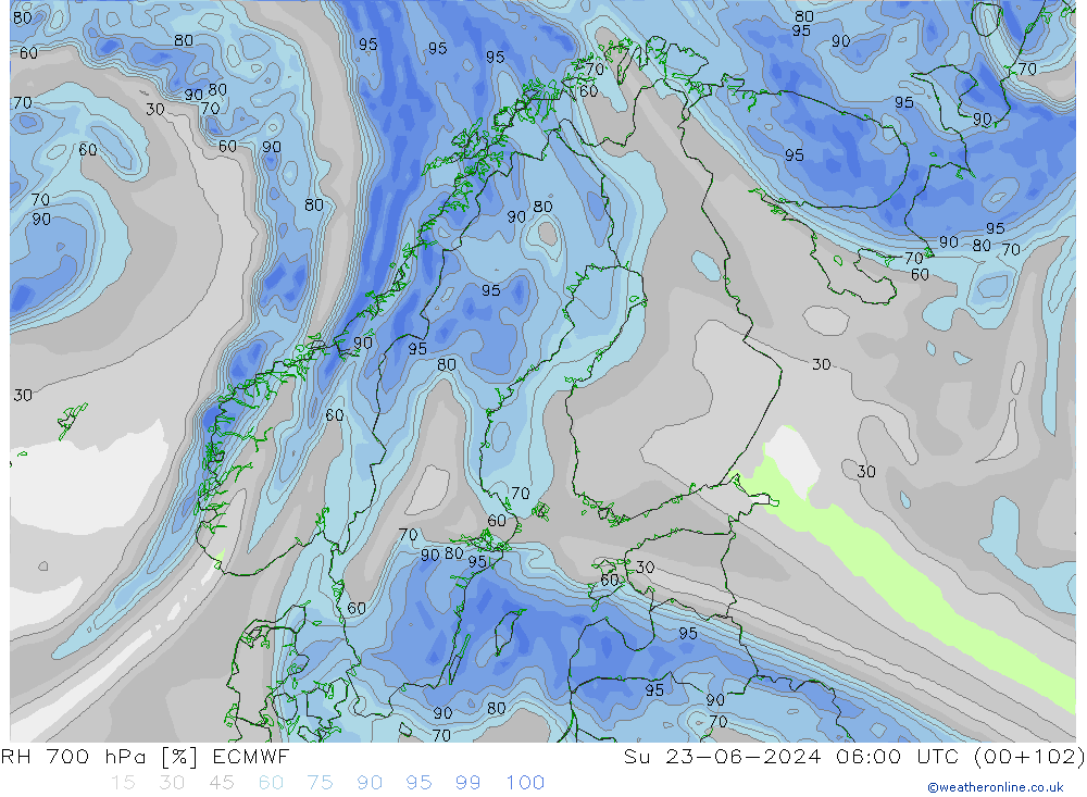 Humidité rel. 700 hPa ECMWF dim 23.06.2024 06 UTC