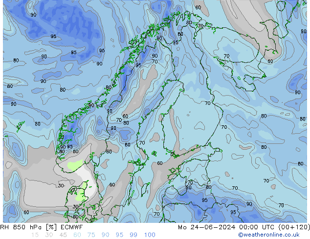 RH 850 hPa ECMWF Mo 24.06.2024 00 UTC