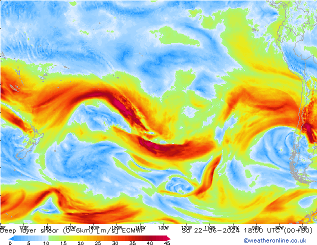 Deep layer shear (0-6km) ECMWF so. 22.06.2024 18 UTC