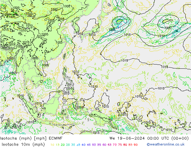 Isotachs (mph) ECMWF Qua 19.06.2024 00 UTC