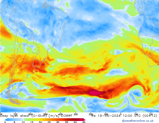 Deep layer shear (0-6km) ECMWF wo 19.06.2024 12 UTC