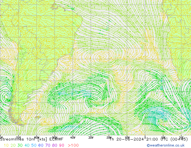 Streamlines 10m ECMWF Th 20.06.2024 21 UTC