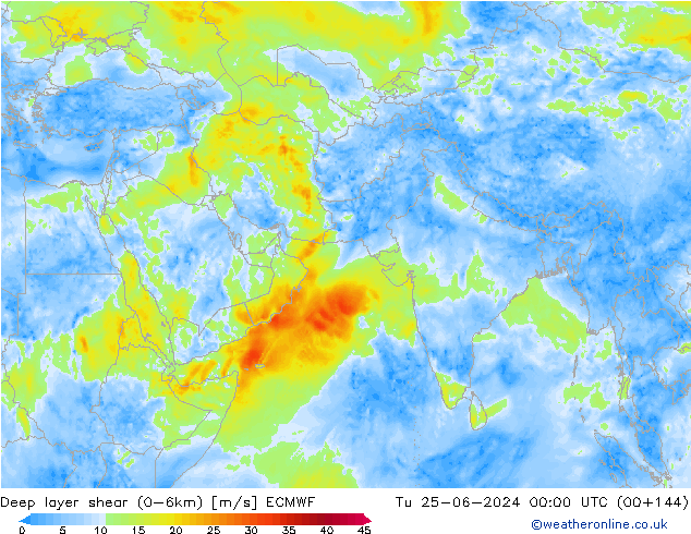 Deep layer shear (0-6km) ECMWF mar 25.06.2024 00 UTC