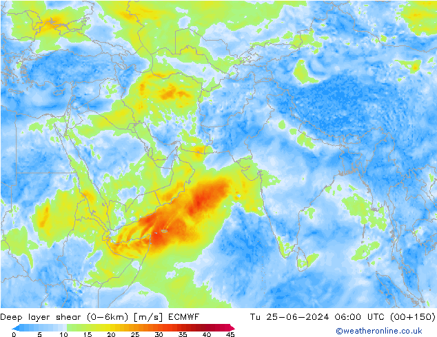 Deep layer shear (0-6km) ECMWF Tu 25.06.2024 06 UTC