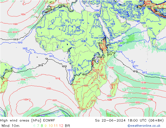 High wind areas ECMWF  22.06.2024 18 UTC