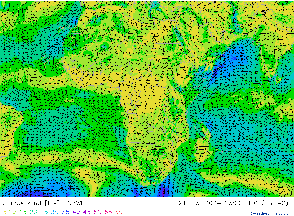 Surface wind ECMWF Fr 21.06.2024 06 UTC