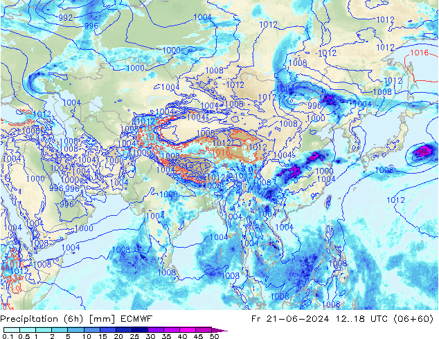 Precipitation (6h) ECMWF Fr 21.06.2024 18 UTC