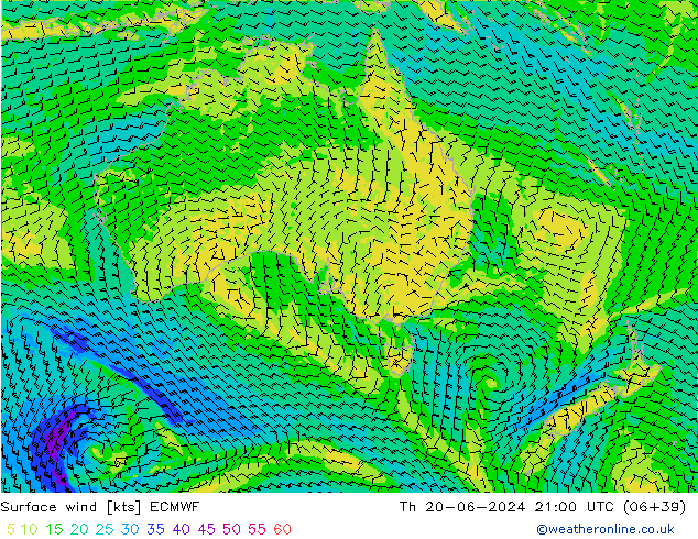 Surface wind ECMWF Čt 20.06.2024 21 UTC