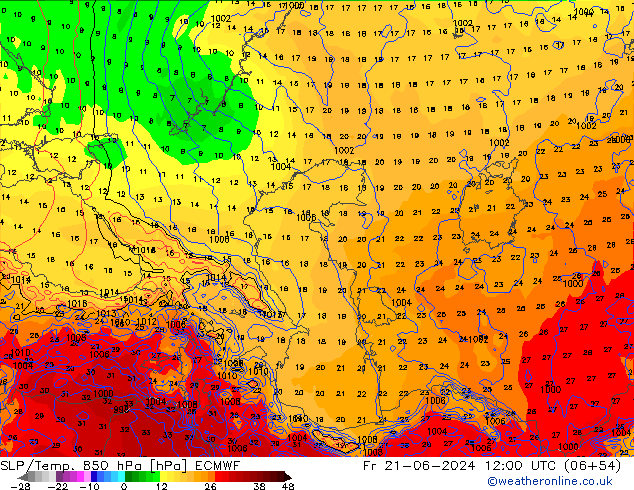 SLP/Temp. 850 hPa ECMWF vr 21.06.2024 12 UTC