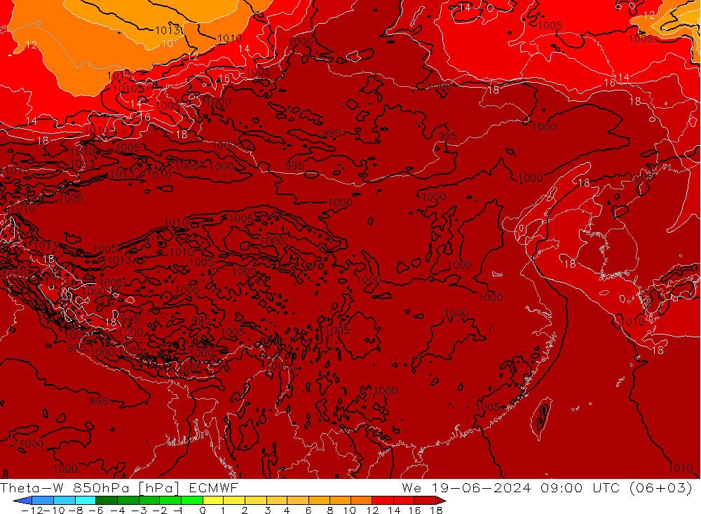 Theta-W 850hPa ECMWF 星期三 19.06.2024 09 UTC