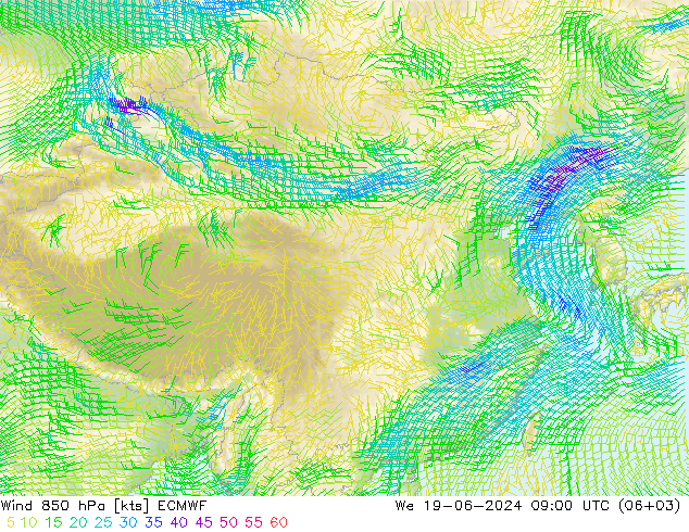 wiatr 850 hPa ECMWF śro. 19.06.2024 09 UTC