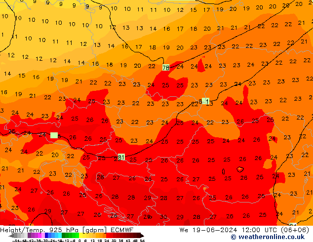 Height/Temp. 925 hPa ECMWF Qua 19.06.2024 12 UTC