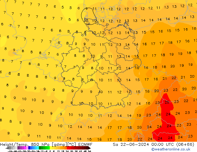 Height/Temp. 850 hPa ECMWF So 22.06.2024 00 UTC