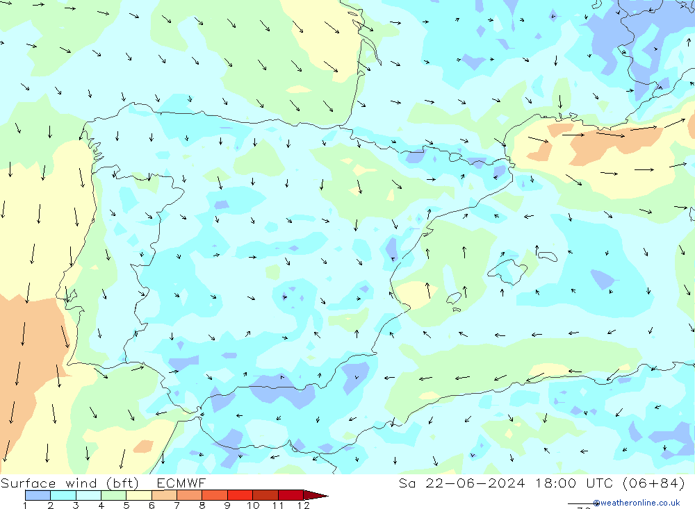 Rüzgar 10 m (bft) ECMWF Cts 22.06.2024 18 UTC