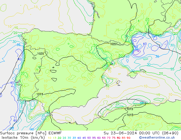 Izotacha (km/godz) ECMWF nie. 23.06.2024 00 UTC