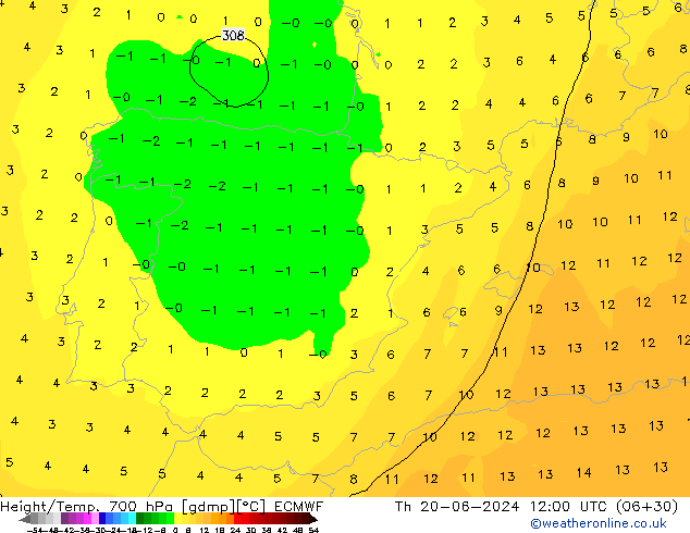 Height/Temp. 700 hPa ECMWF Do 20.06.2024 12 UTC