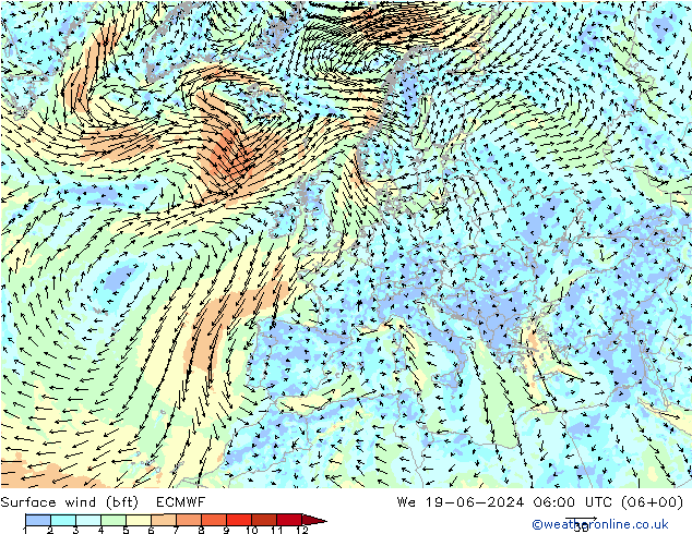  10 m (bft) ECMWF  19.06.2024 06 UTC