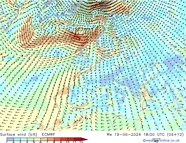 Bodenwind (bft) ECMWF Mi 19.06.2024 18 UTC