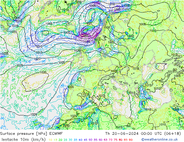 Isotachs (kph) ECMWF Th 20.06.2024 00 UTC