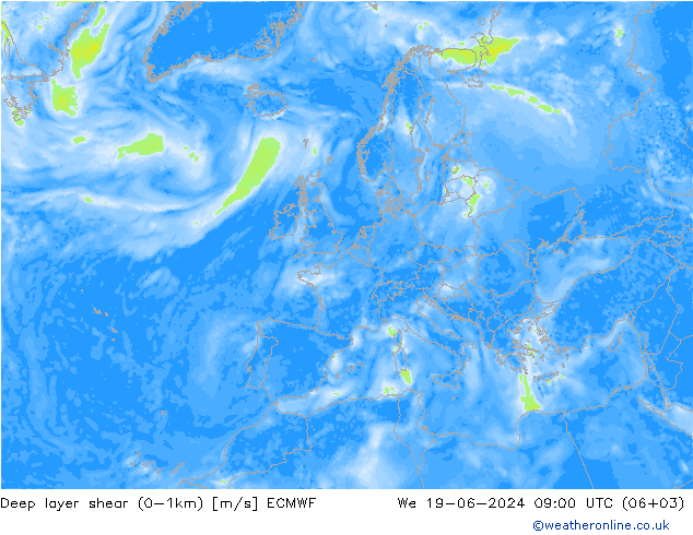 Deep layer shear (0-1km) ECMWF 星期三 19.06.2024 09 UTC