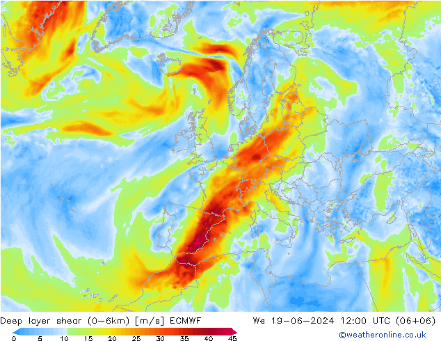 Deep layer shear (0-6km) ECMWF 星期三 19.06.2024 12 UTC