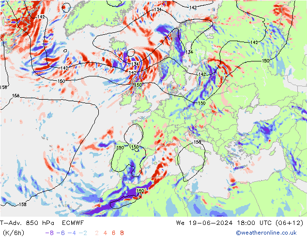 T-Adv. 850 hPa ECMWF mer 19.06.2024 18 UTC