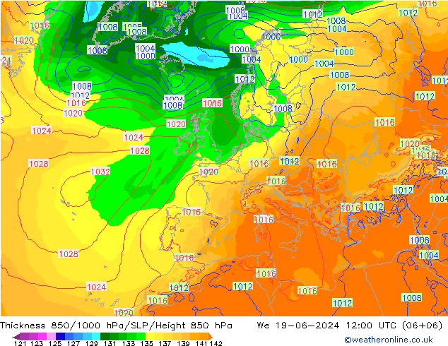 Thck 850-1000 hPa ECMWF Qua 19.06.2024 12 UTC