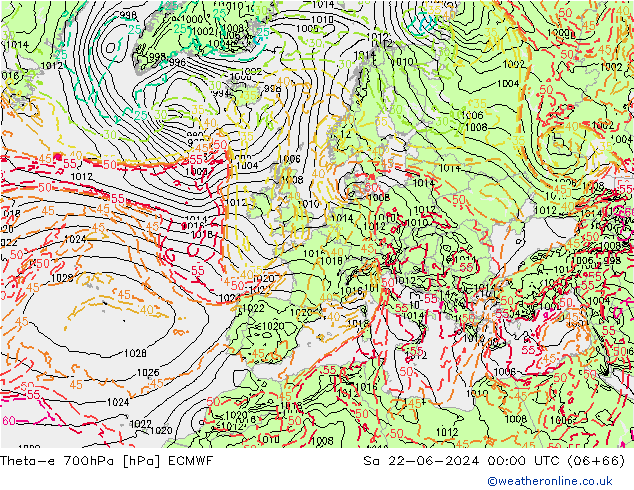 Theta-e 700hPa ECMWF Sa 22.06.2024 00 UTC