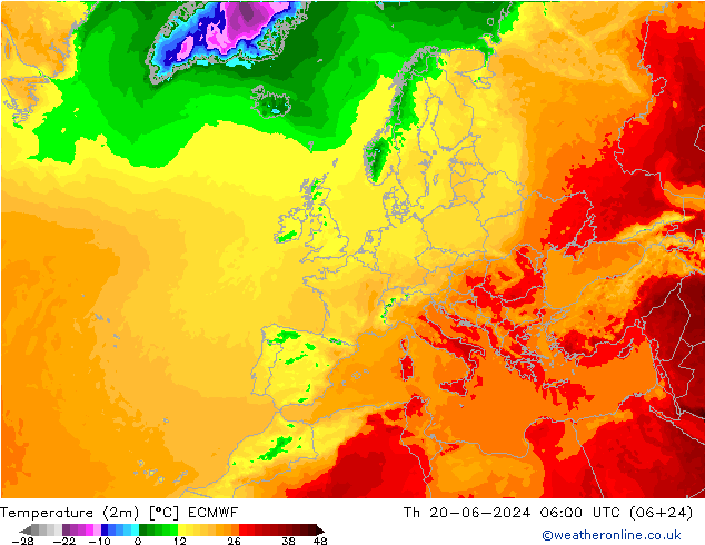 Temperature (2m) ECMWF Čt 20.06.2024 06 UTC