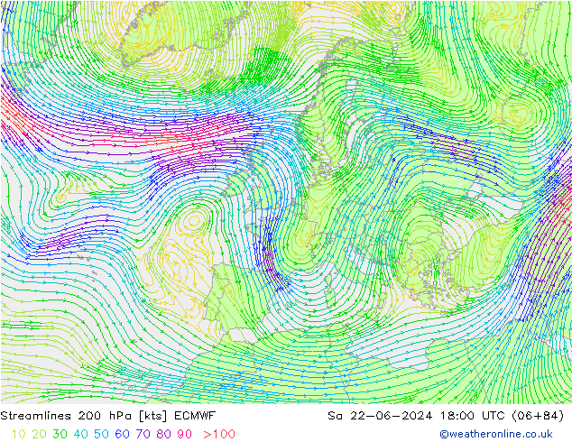 Stromlinien 200 hPa ECMWF Sa 22.06.2024 18 UTC