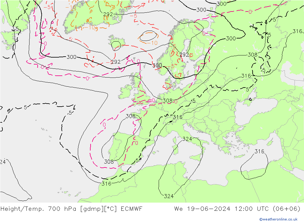 Height/Temp. 700 hPa ECMWF We 19.06.2024 12 UTC