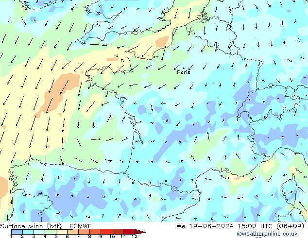 Wind 10 m (bft) ECMWF wo 19.06.2024 15 UTC