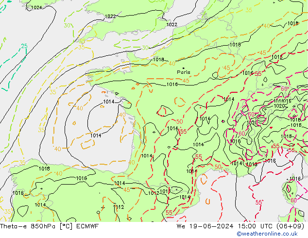 Theta-e 850hPa ECMWF wo 19.06.2024 15 UTC