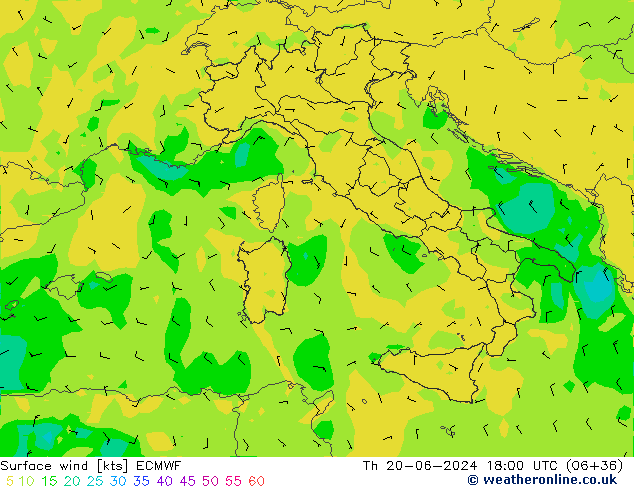 Vento 10 m ECMWF Qui 20.06.2024 18 UTC