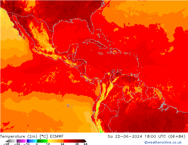 Temperature (2m) ECMWF Sa 22.06.2024 18 UTC