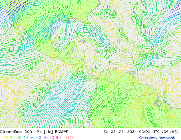 Streamlines 200 hPa ECMWF Sa 22.06.2024 00 UTC