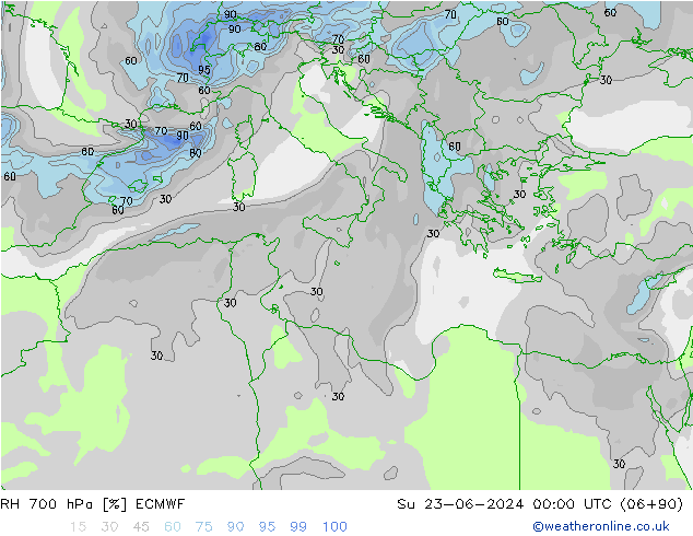 RH 700 hPa ECMWF nie. 23.06.2024 00 UTC