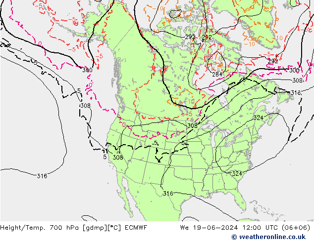 Height/Temp. 700 hPa ECMWF Mi 19.06.2024 12 UTC