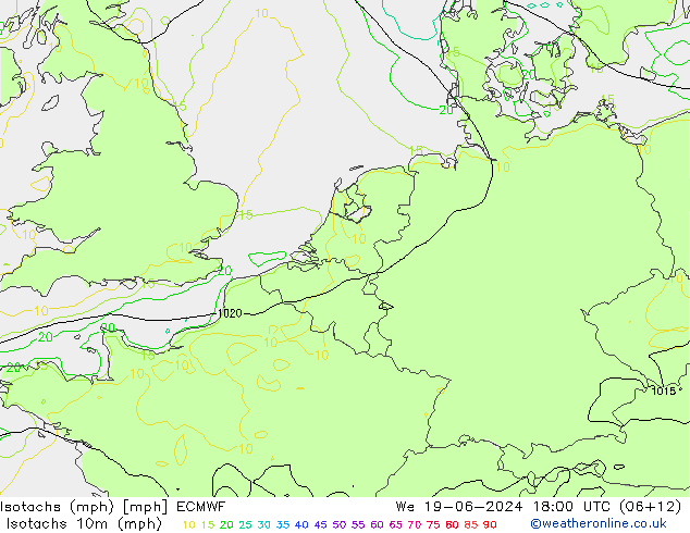 Isotachen (mph) ECMWF Mi 19.06.2024 18 UTC