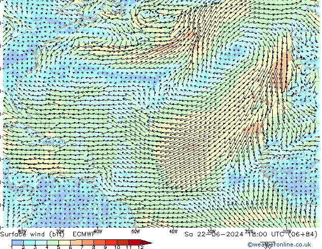 Viento 10 m (bft) ECMWF sáb 22.06.2024 18 UTC