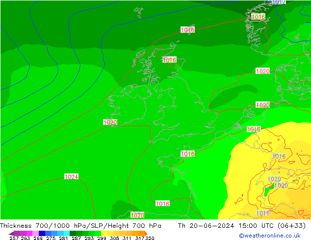 Espesor 700-1000 hPa ECMWF jue 20.06.2024 15 UTC