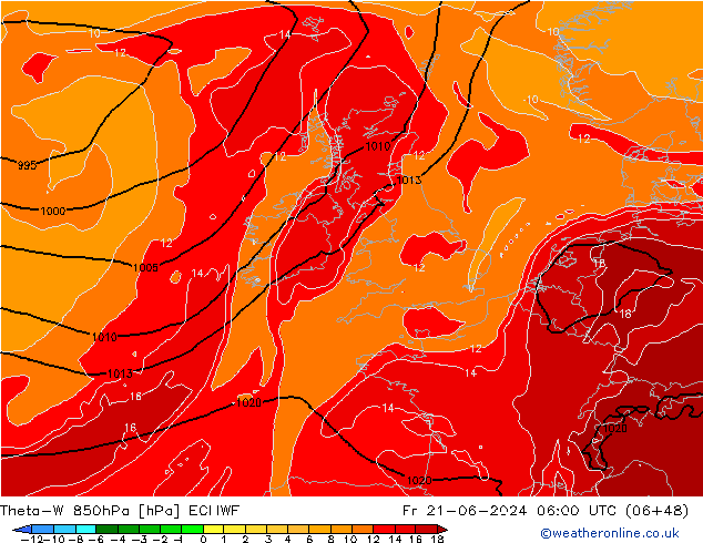 Theta-W 850гПа ECMWF пт 21.06.2024 06 UTC