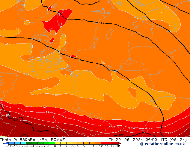 Theta-W 850гПа ECMWF чт 20.06.2024 06 UTC